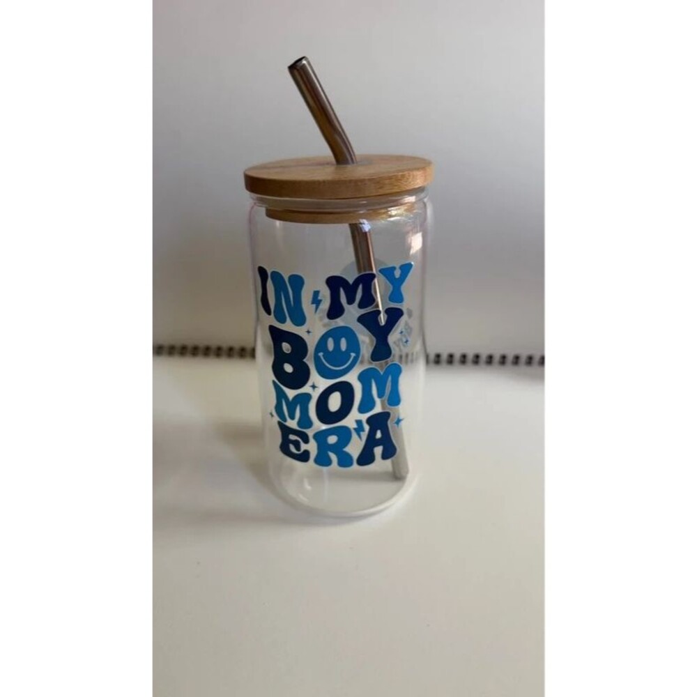 In My Boy Mom Era Glass Tumbler Cup Bamboo Lid Metal Straw Blue Smiley